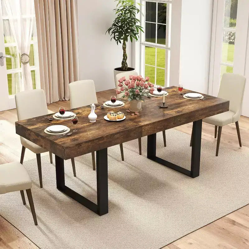 Zevemomo 63-78.7 Expandable Farmhouse Table 6-10 Seater with Metal Track & Tapered U-Legs Rustic Brown Rectangular Table for Dining Room & Office