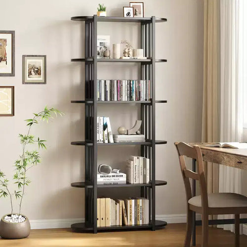 Bookshelf - 71-inch high open bookcase six-tier freestanding wooden bookshelf with metal frame for bedroom living room home office