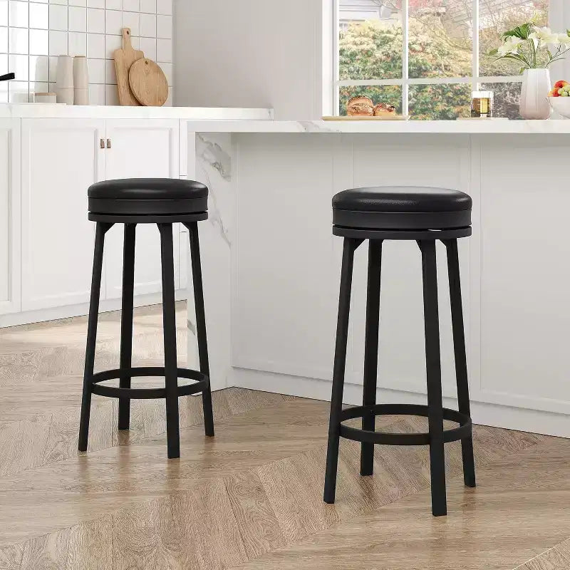 30'' Swivel Bar Stools Set of 2 with Footrest Backless Round Bar Stools with PU Leather Upholstered and Metal Frame for Kitchen Island