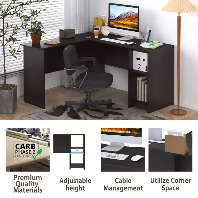Bureau informatique en forme de L, 134 cm, bureau d'angle pour étude/écriture