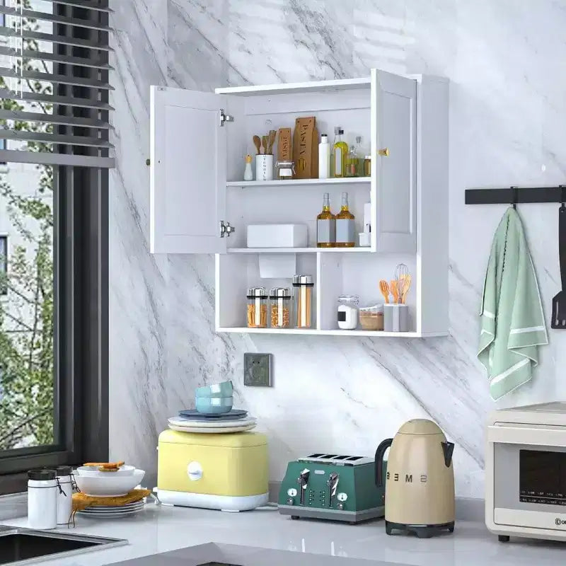 Meuble Mural de Salle de Bain avec Étagères Réglables - Rangement 3 Niveaux en Bois