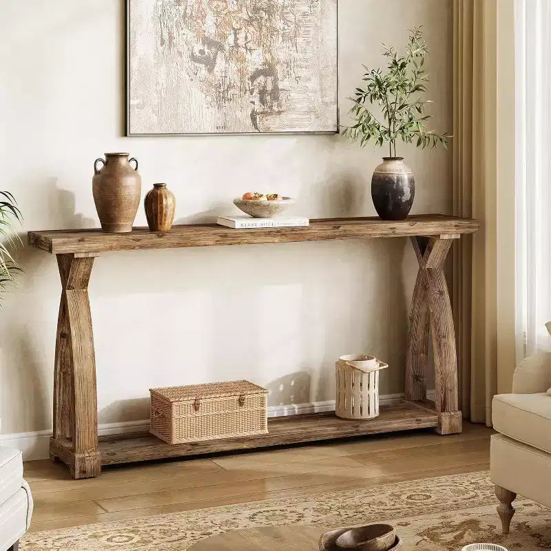 Lantine 63-Inch Narrow Solid Wood Console Table 2-Tier Farmhouse Entryway Table Behind Sofa for Entrance Foyer Living Room