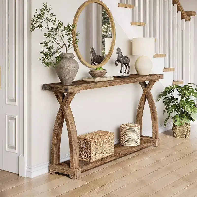 Console étroite en bois massif à 2 niveaux
