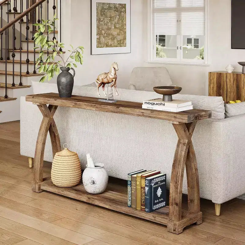 Console étroite en bois massif à 2 niveaux
