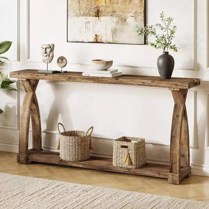 Console étroite en bois massif à 2 niveaux