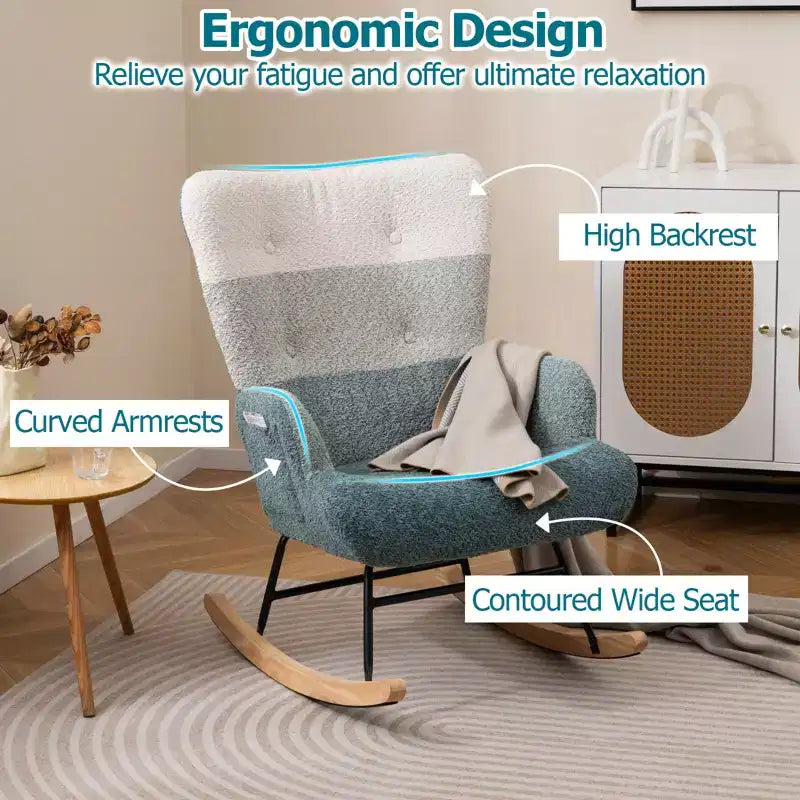 Fauteuil à bascule de puériculture avec accoudoirs ergonomiques, dossier haut et pochette latérale