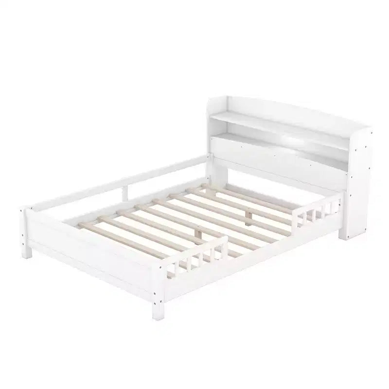 Lit plateforme avec éclairage LED intégré et tête de lit avec étagères de rangement et barrière de sécurité