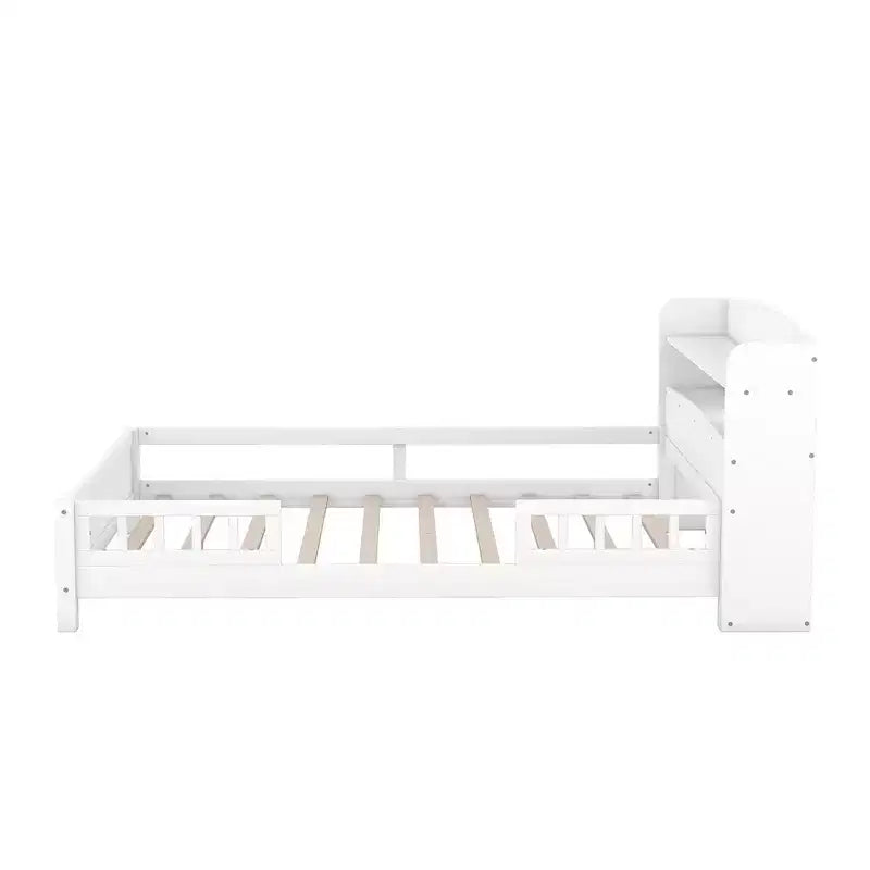 Lit plateforme avec éclairage LED intégré et tête de lit avec étagères de rangement et barrière de sécurité