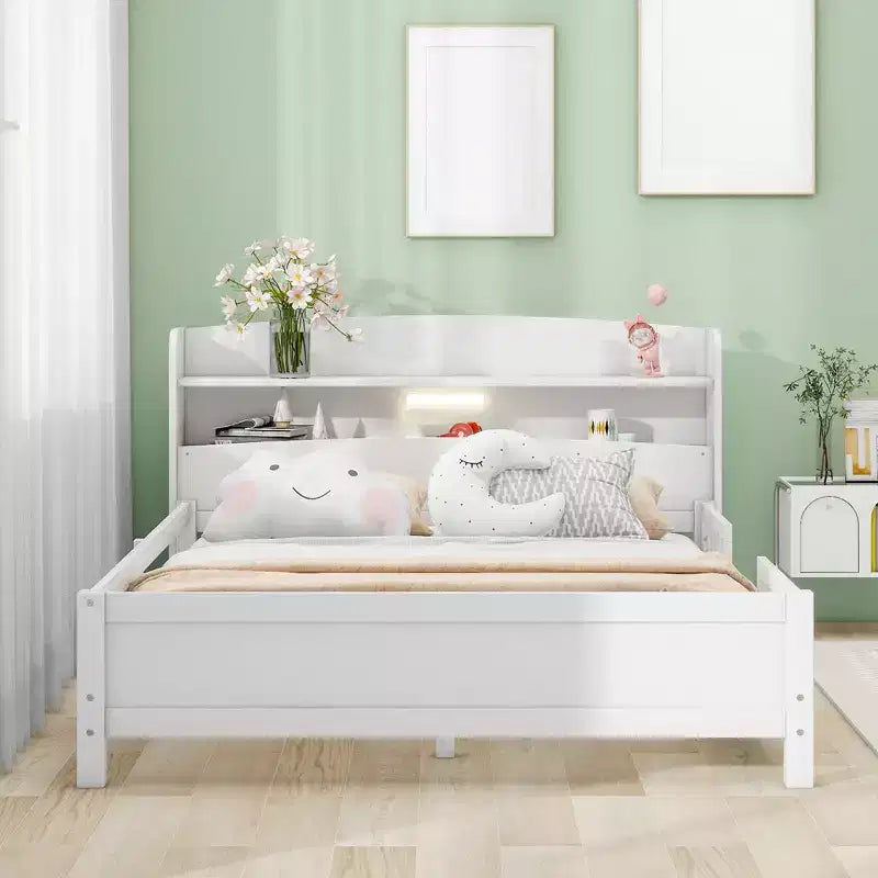 Lit plateforme avec éclairage LED intégré et tête de lit avec étagères de rangement et barrière de sécurité