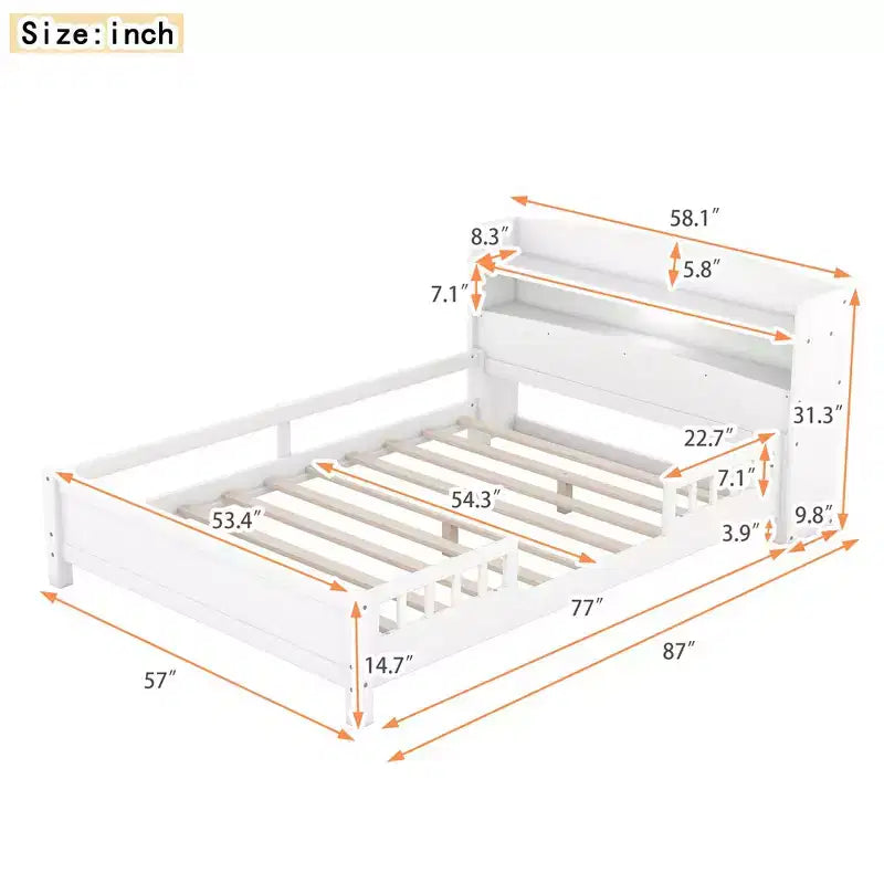 Lit plateforme avec éclairage LED intégré et tête de lit avec étagères de rangement et barrière de sécurité