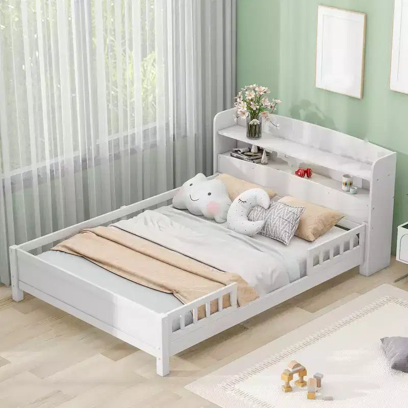 Lit plateforme avec éclairage LED intégré et tête de lit avec étagères de rangement et barrière de sécurité