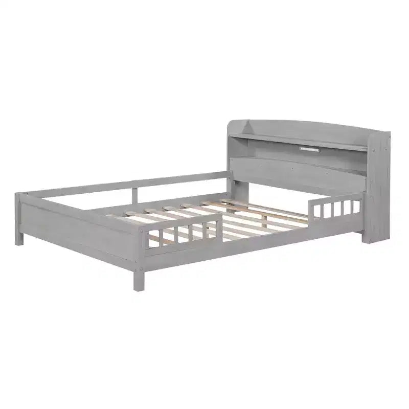Lit plateforme avec éclairage LED intégré et tête de lit avec étagères de rangement et barrière de sécurité