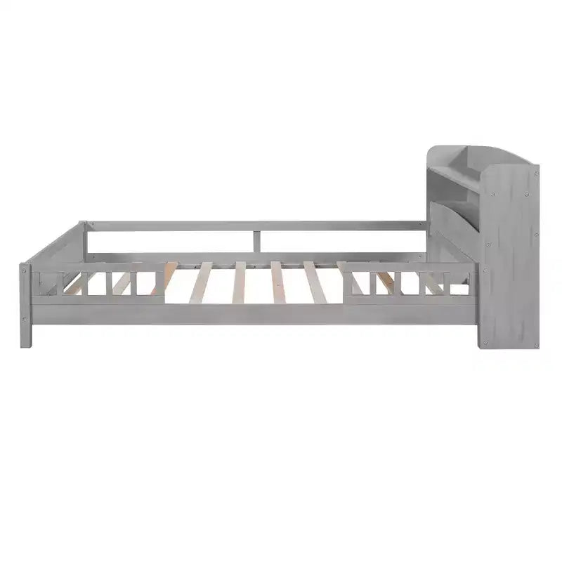 Lit plateforme avec éclairage LED intégré et tête de lit avec étagères de rangement et barrière de sécurité