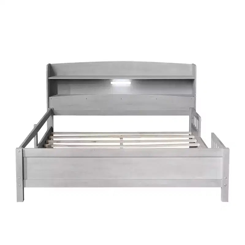 Lit plateforme avec éclairage LED intégré et tête de lit avec étagères de rangement et barrière de sécurité