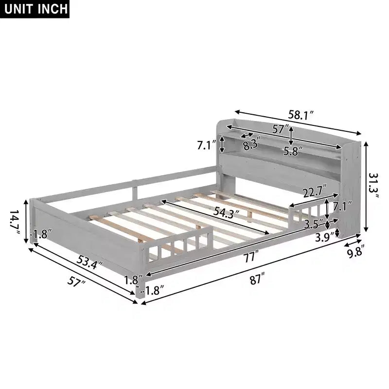 Lit plateforme avec éclairage LED intégré et tête de lit avec étagères de rangement et barrière de sécurité