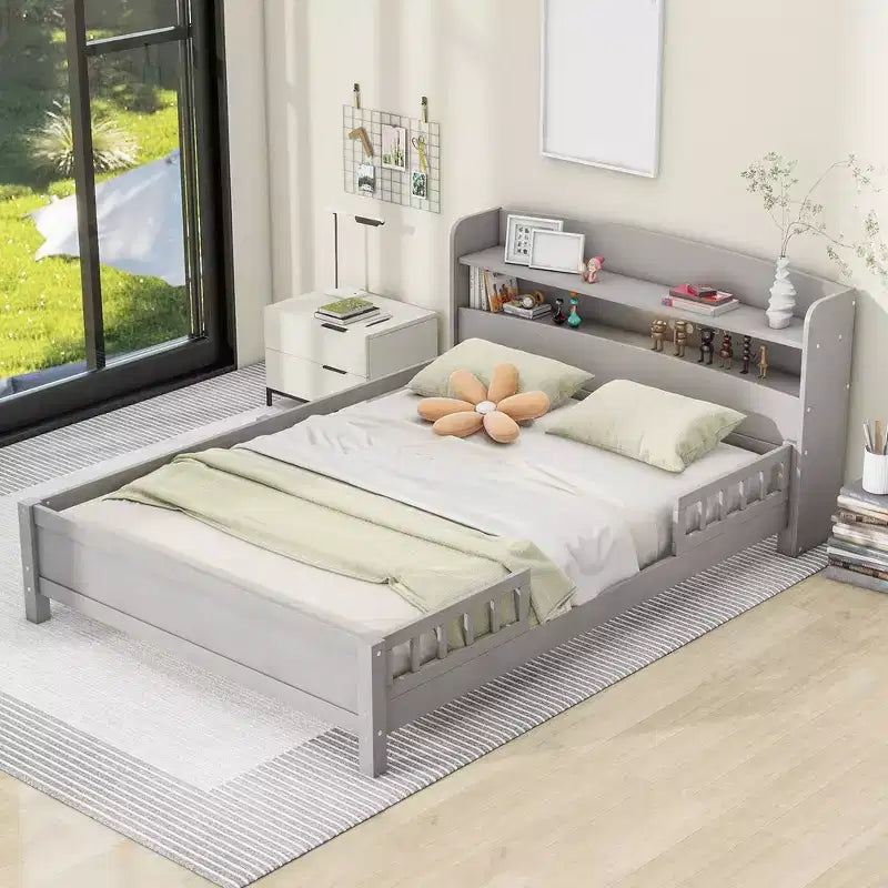Lit plateforme avec éclairage LED intégré et tête de lit avec étagères de rangement et barrière de sécurité