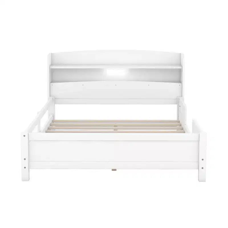 Lit plateforme avec éclairage LED intégré et tête de lit avec étagères de rangement et barrière de sécurité