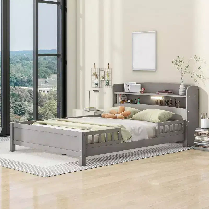 Full Size Platform Bed with Built-in LED Light and Storage Shelves Headboard Guardrail Platform Bed Frame No Box Spring Needed