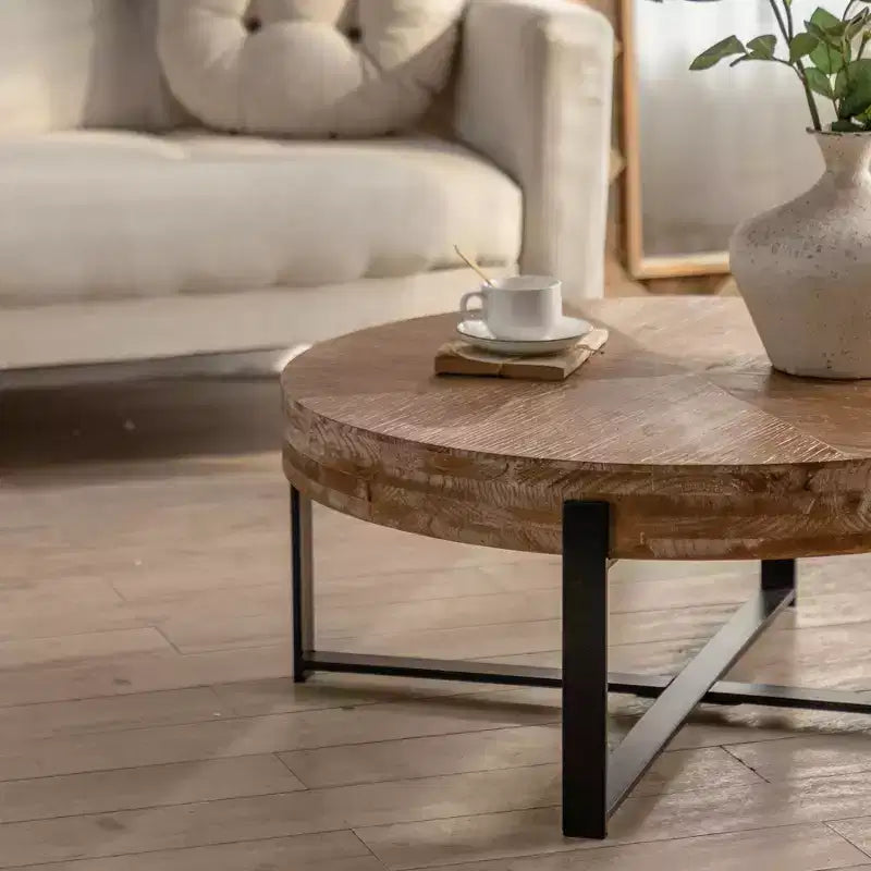 Table basse ronde Table basse circulaire moderne avec plateau en bois de sapin et piètement en croix