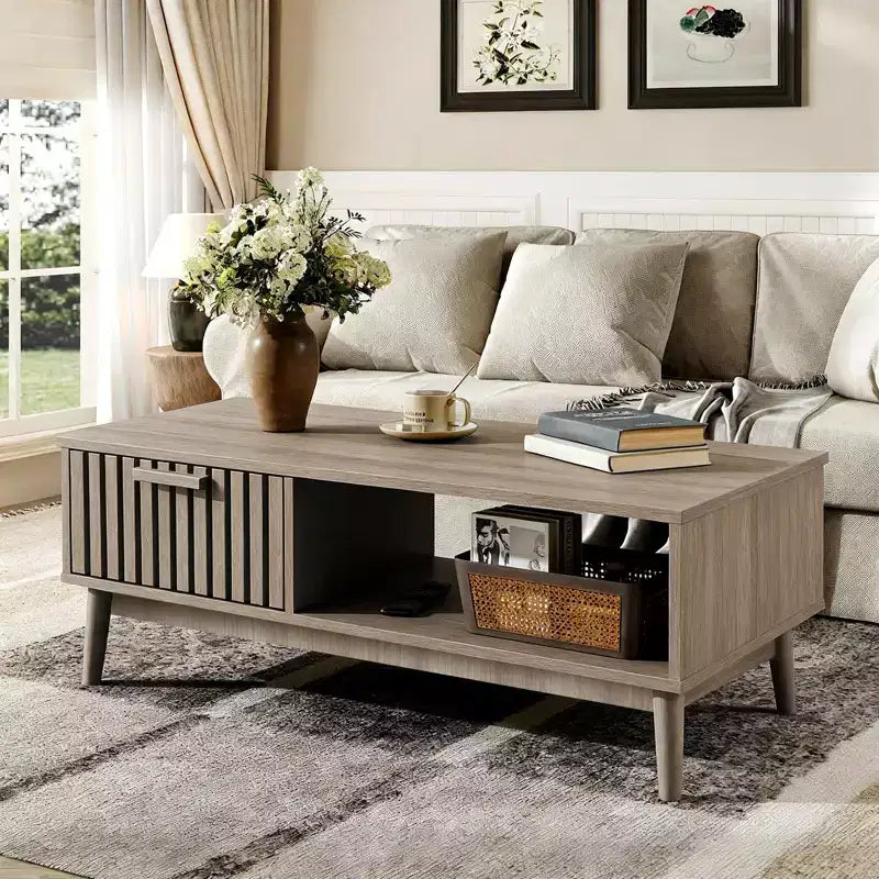 39.4 Coffee Table with Storage and Study Wood Legs 2-Tier Rectangle Design for Living Room