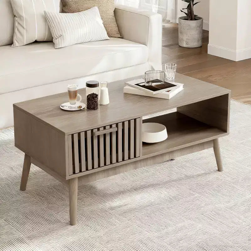 Table Basse avec Rangement et Pieds en Bois Robustes, Design Rectangulaire à 2 Niveaux