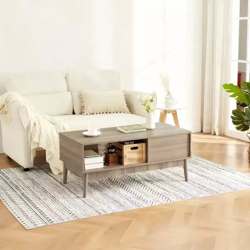Table Basse avec Rangement et Pieds en Bois Robustes, Design Rectangulaire à 2 Niveaux