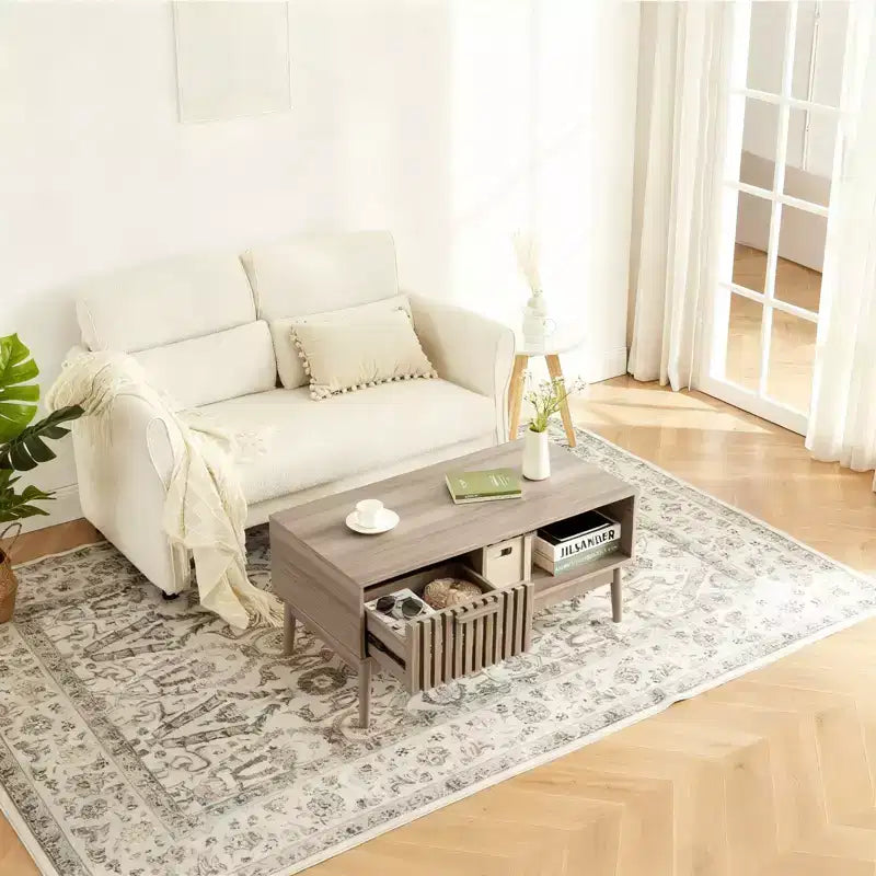 Table Basse avec Rangement et Pieds en Bois Robustes, Design Rectangulaire à 2 Niveaux