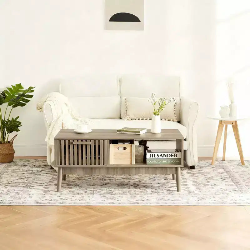 Table Basse avec Rangement et Pieds en Bois Robustes, Design Rectangulaire à 2 Niveaux
