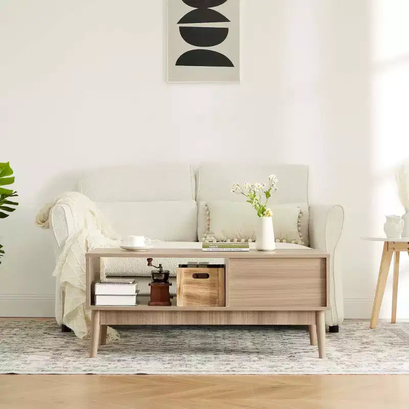 Table Basse avec Rangement et Pieds en Bois Robustes, Design Rectangulaire à 2 Niveaux