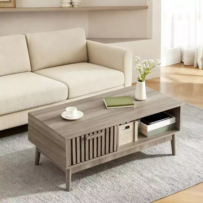 Table Basse avec Rangement et Pieds en Bois Robustes, Design Rectangulaire à 2 Niveaux