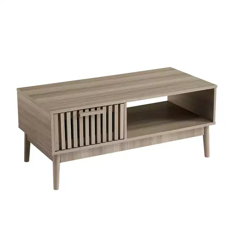 Table Basse avec Rangement et Pieds en Bois Robustes, Design Rectangulaire à 2 Niveaux