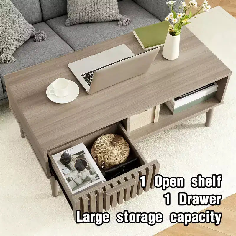 Table Basse avec Rangement et Pieds en Bois Robustes, Design Rectangulaire à 2 Niveaux