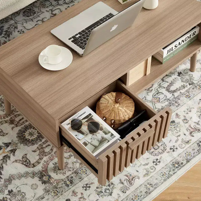 Table Basse avec Rangement et Pieds en Bois Robustes, Design Rectangulaire à 2 Niveaux