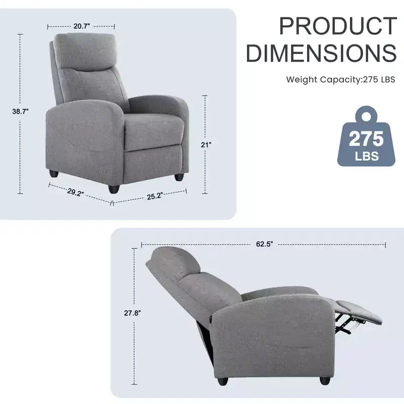 Fauteuil inclinable manuel rembourré moderne avec repose-pieds réglable et massage