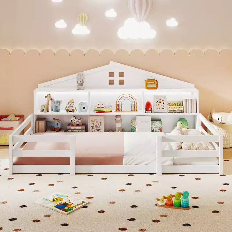 Lit au sol avec lumières LED, barrières de sécurité et compartiments de rangement