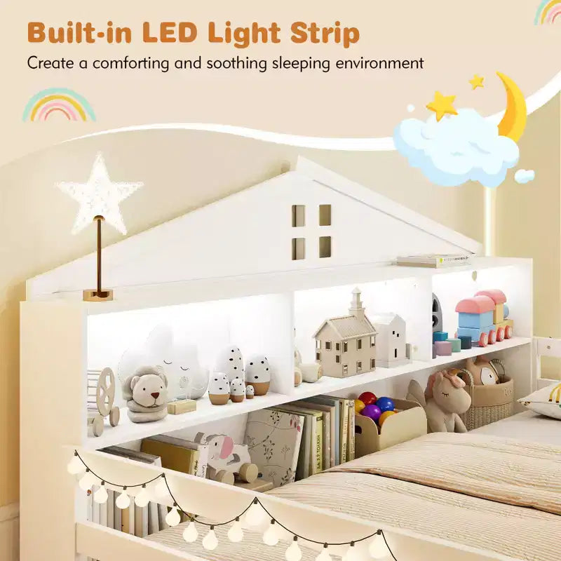 Lit au sol avec lumières LED, barrières de sécurité et compartiments de rangement