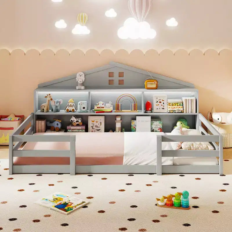 Lit au sol avec lumières LED, barrières de sécurité et compartiments de rangement