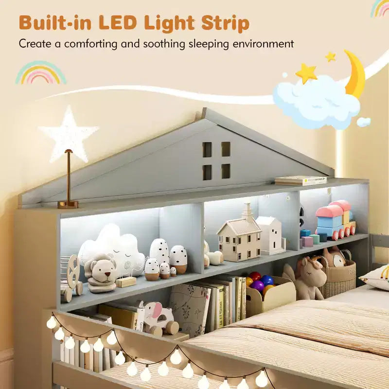 Lit au sol avec lumières LED, barrières de sécurité et compartiments de rangement