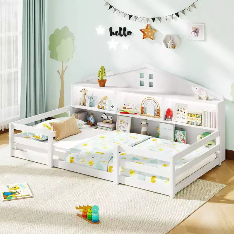 Lit au sol avec lumières LED, barrières de sécurité et compartiments de rangement