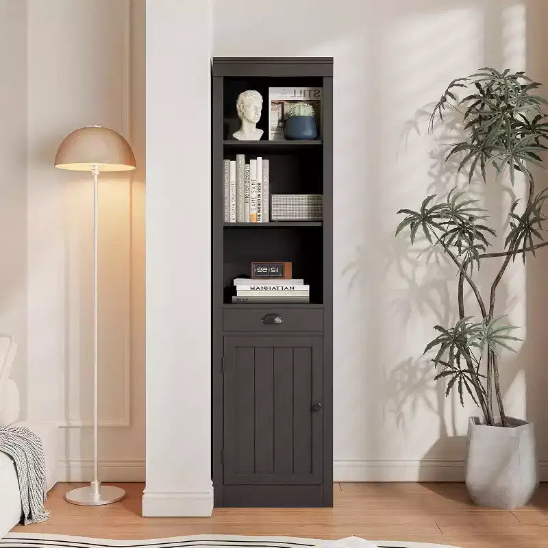 71 inch Tall Bookcase with Drawers & Doors 3-Tier Open Bookshelf with Adjustable Shelves Narrow Storage Cabinet for Living Room Black