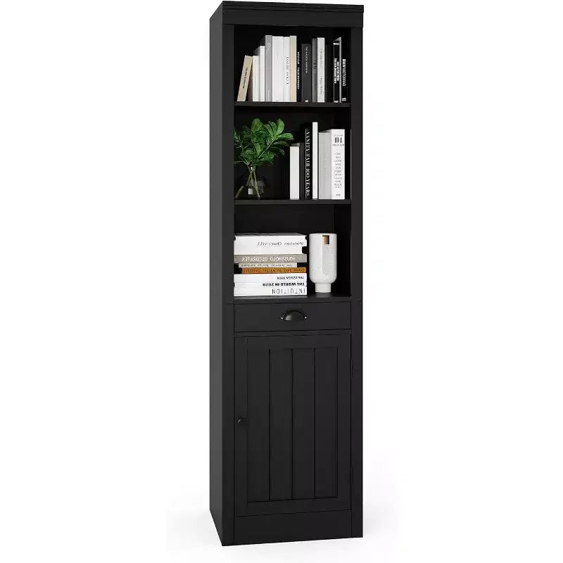 Bibliothèque avec tiroirs et portes, étagère ouverte à 3 niveaux, étagères, meuble de rangement étroit