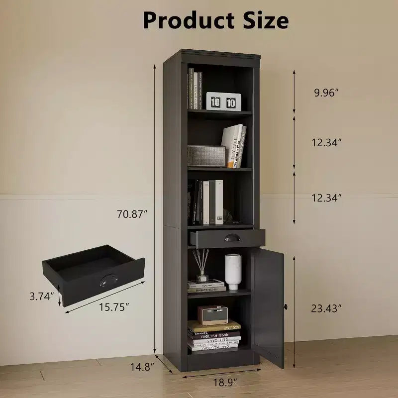 Bibliothèque avec tiroirs et portes, étagère ouverte à 3 niveaux, étagères, meuble de rangement étroit