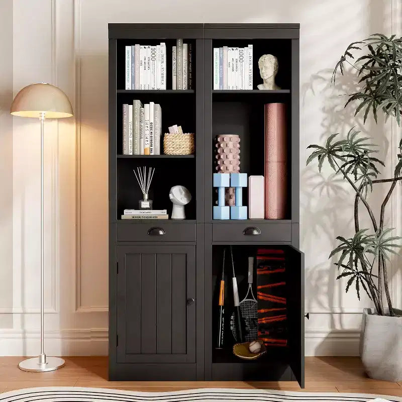 Bibliothèque avec tiroirs et portes, étagère ouverte à 3 niveaux, étagères, meuble de rangement étroit