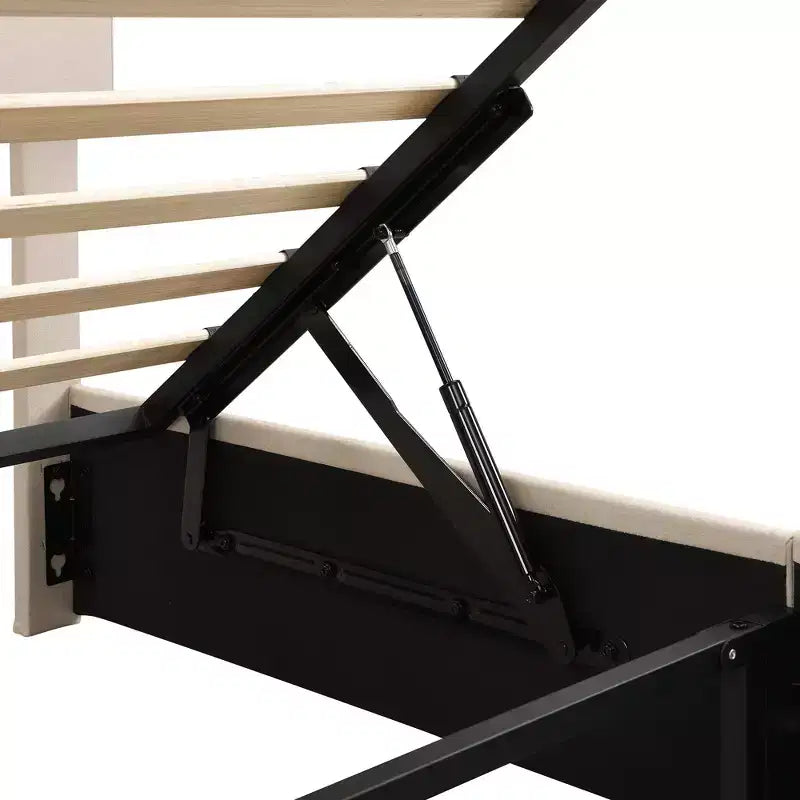 Lit plateforme capitonné avec vérin hydraulique et rangement
