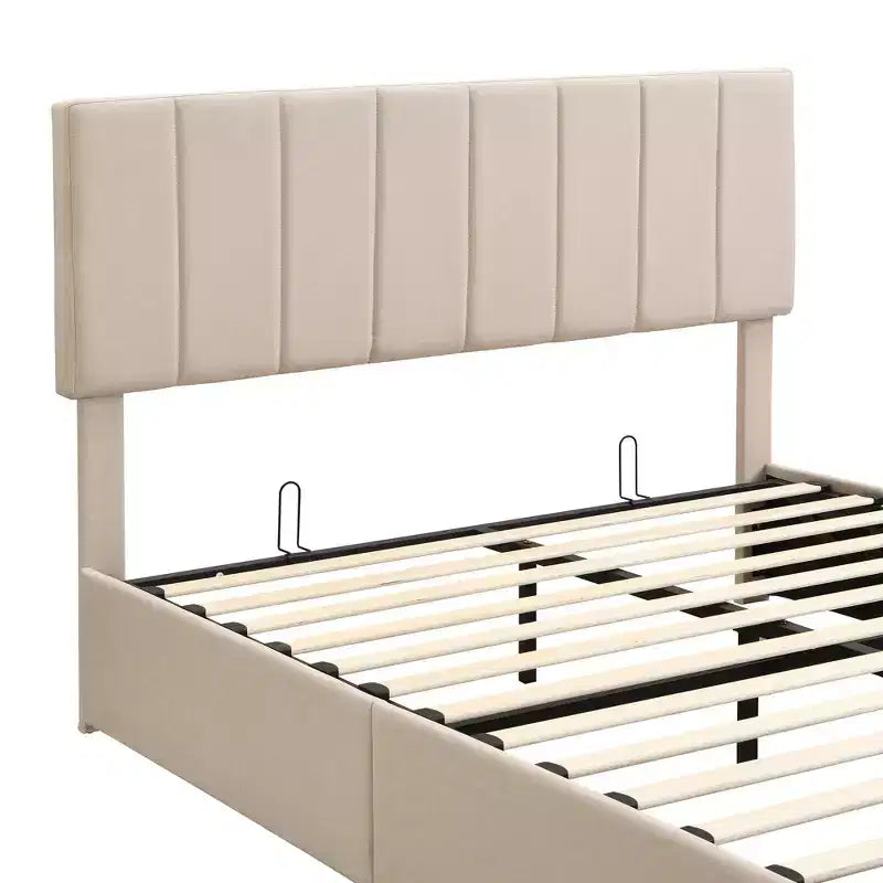 Lit plateforme capitonné avec vérin hydraulique et rangement