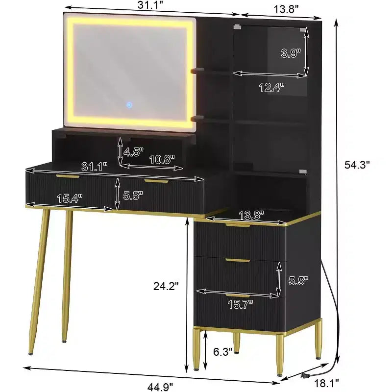 Coiffeuse moderne avec miroir lumineux et détails cannelés