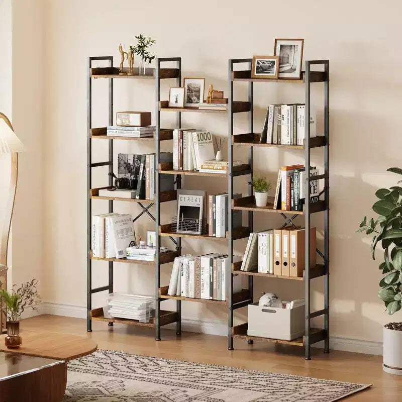 Étagère triple à 5 niveaux, bibliothèque industrielle à 14 étagères avec design divisible