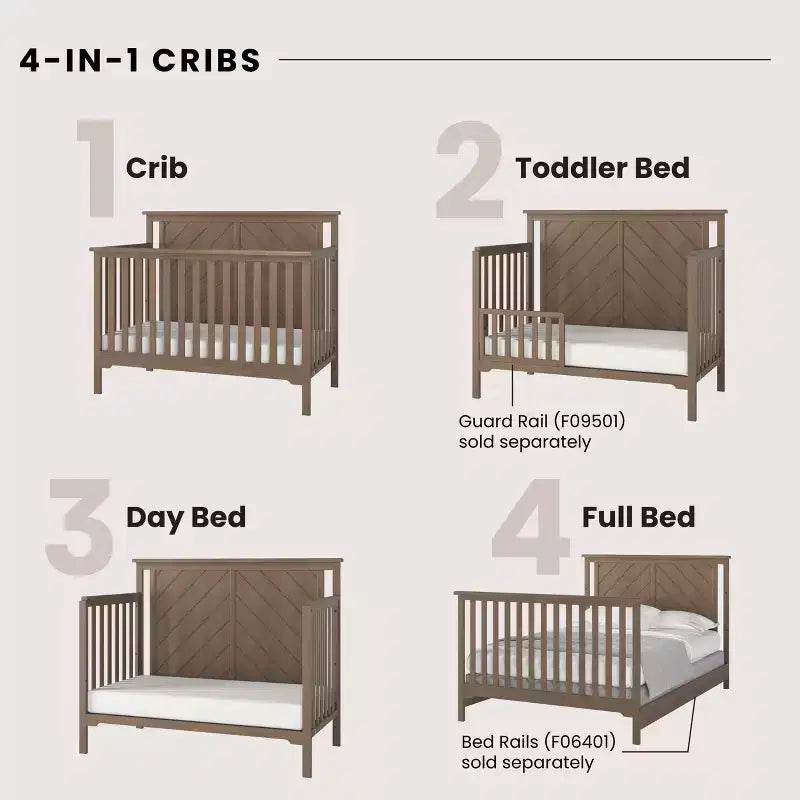 Lit de bébé convertible 4-en-1, 3 positions de matelas, Fini sécuritaire pour bébé