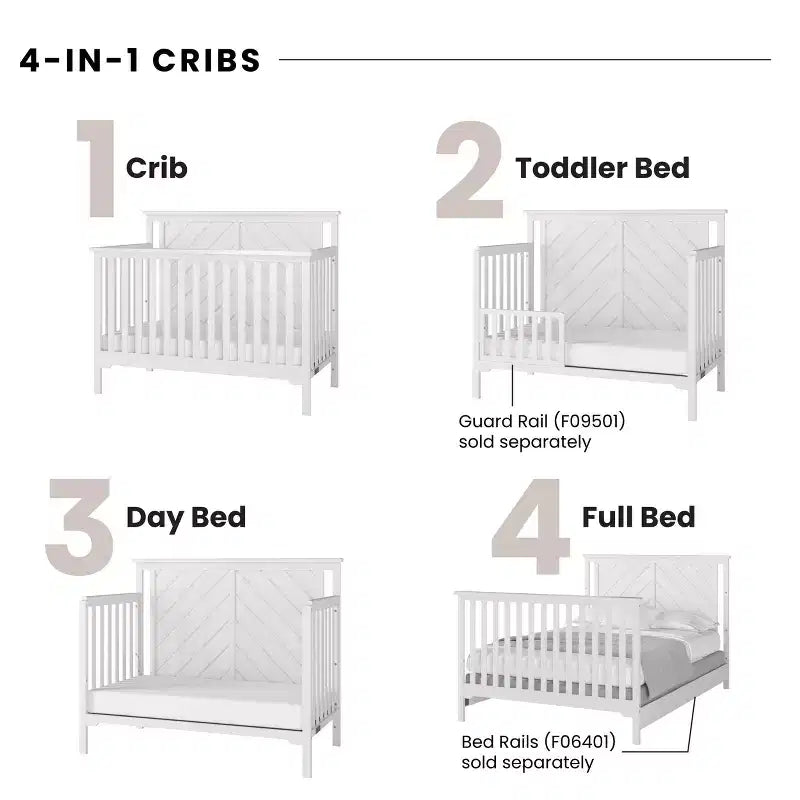 Lit de bébé convertible 4-en-1, 3 positions de matelas, Fini sécuritaire pour bébé