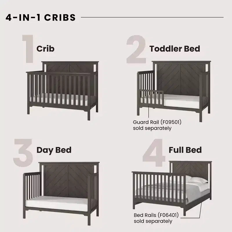 Lit de bébé convertible 4-en-1, 3 positions de matelas, Fini sécuritaire pour bébé